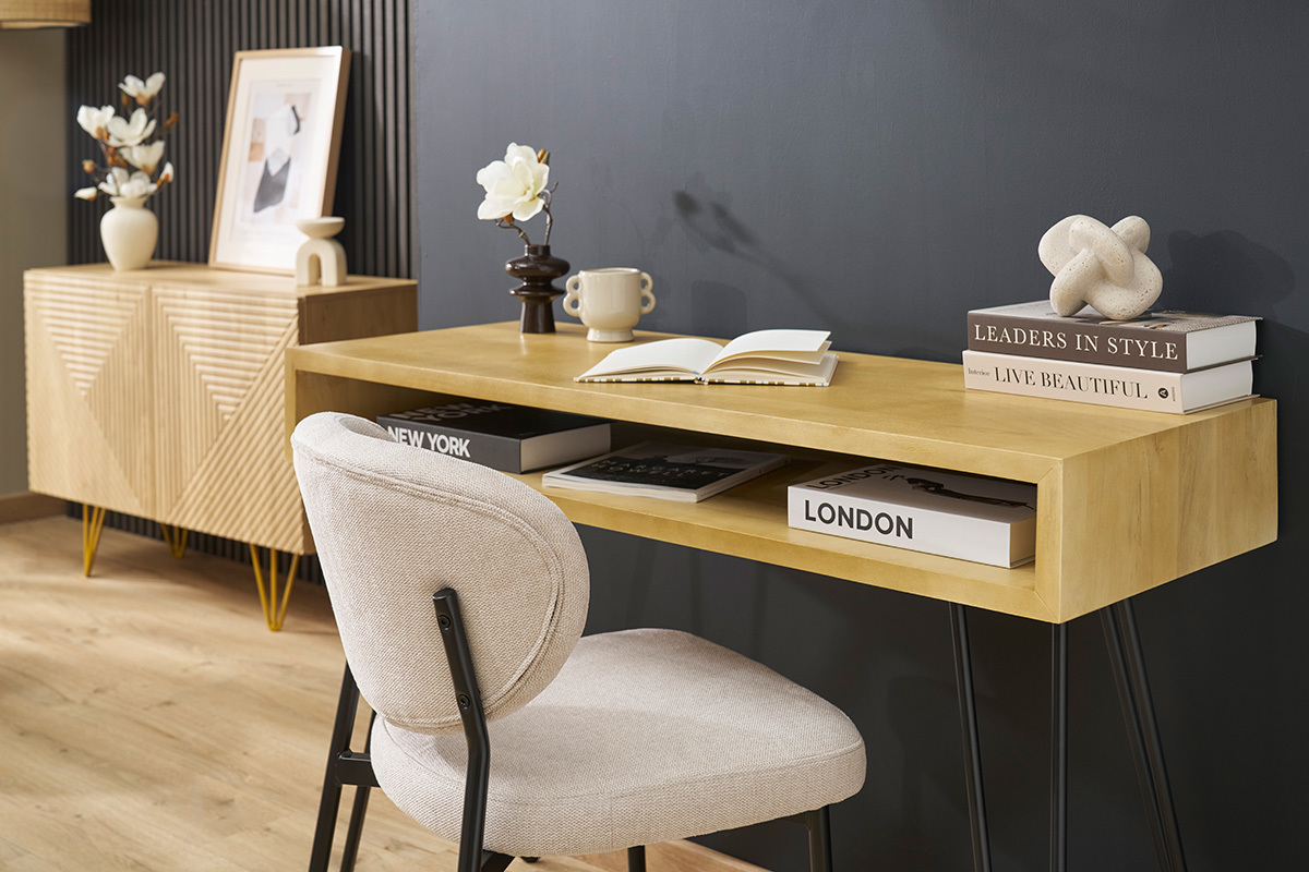 Bureau avec rangement en bois manguier massif et m�tal noir L116 cm VIBES