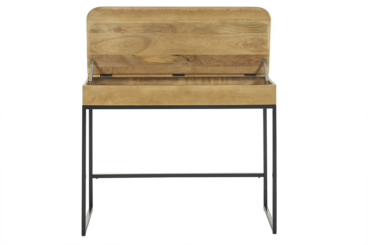 Bureau en bois de manguier avec rangement ouvert, vue de face.