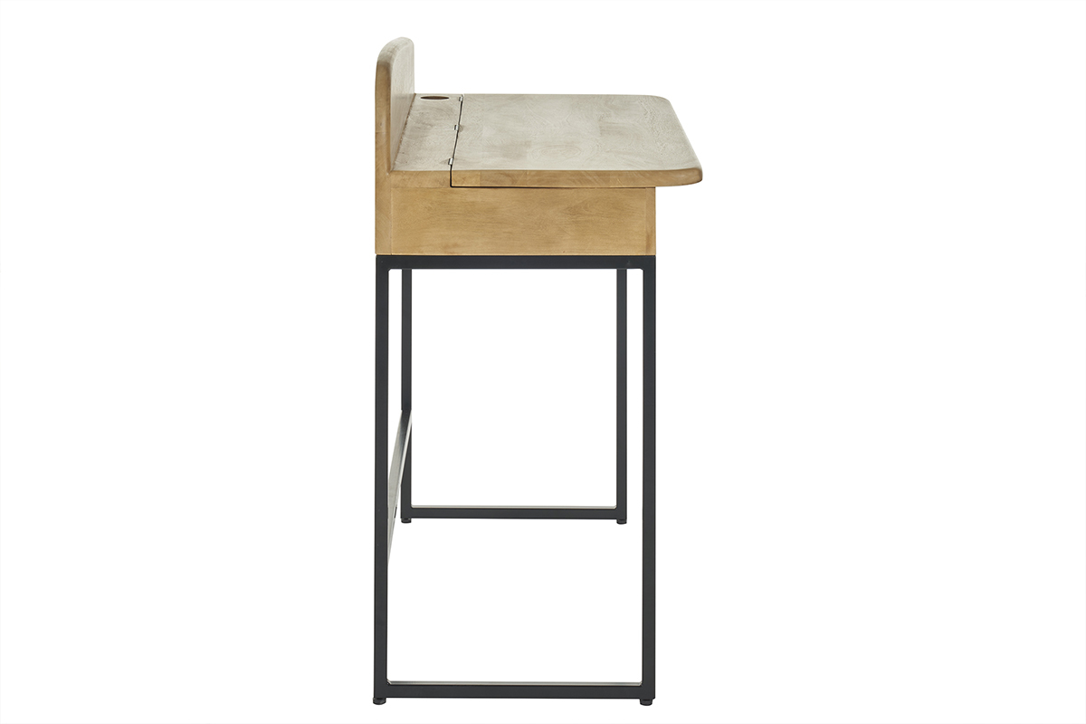 Bureau en bois de manguier massif, vue lat�rale, structure en m�tal noir.