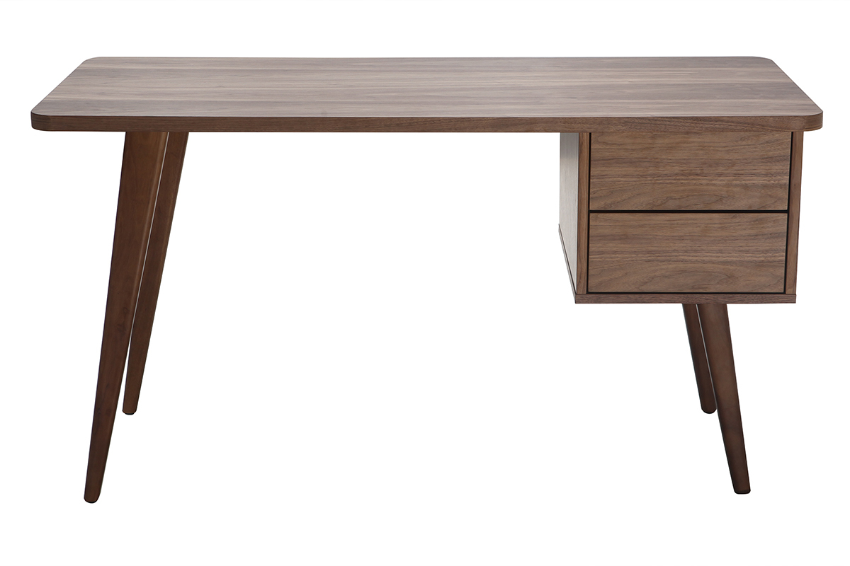 Bureau avec rangements 2 tiroirs bois fonc� noyer L140 cm FIFTIES
