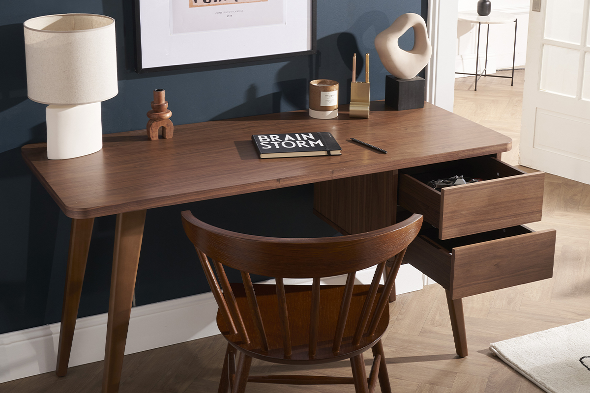 Bureau avec rangements 2 tiroirs bois fonc� noyer L140 cm FIFTIES