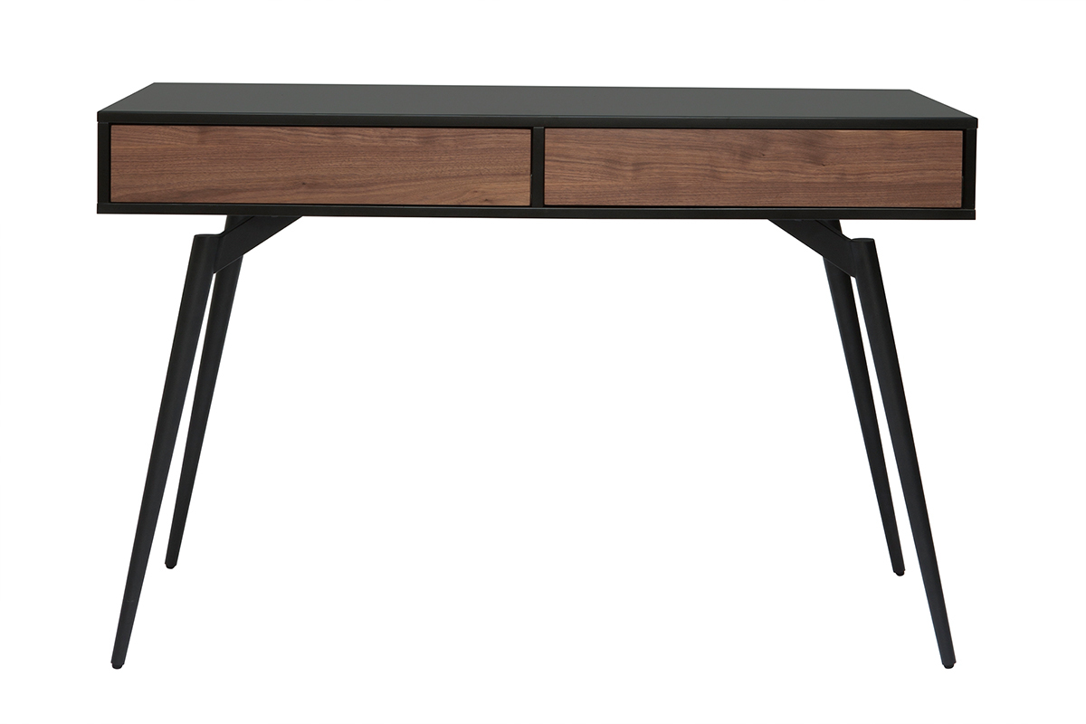 Bureau avec rangements 2 tiroirs design noir mat et bois fonc� noyer L120 cm TRIPOLI