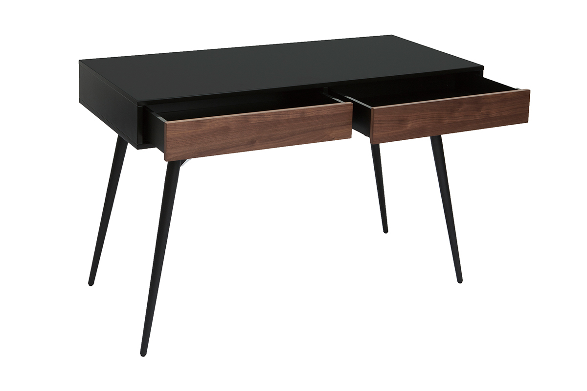 Bureau avec rangements 2 tiroirs design noir mat et bois fonc� noyer L120 cm TRIPOLI