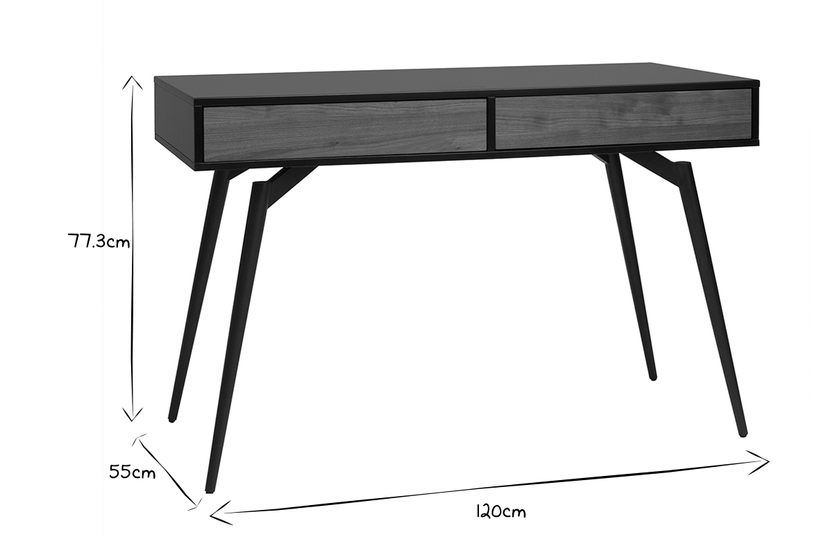 Bureau avec rangements 2 tiroirs design noir mat et bois fonc� noyer L120 cm TRIPOLI