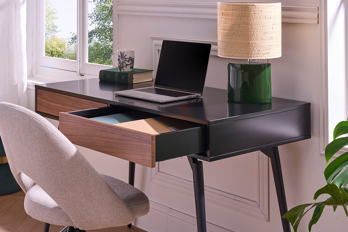 Bureau avec rangements 2 tiroirs design noir mat et bois fonc� noyer L120 cm TRIPOLI