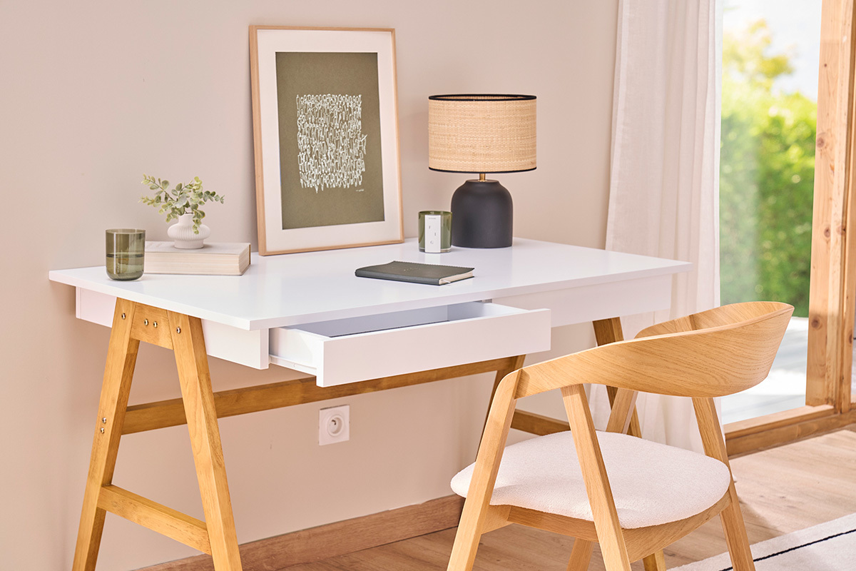 Bureau avec rangements 2 tiroirs scandinave blanc et bois clair ch�ne L120 cm BROOK