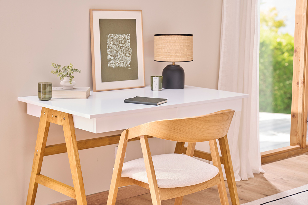 Bureau avec rangements 2 tiroirs scandinave blanc et bois clair ch�ne L120 cm BROOK