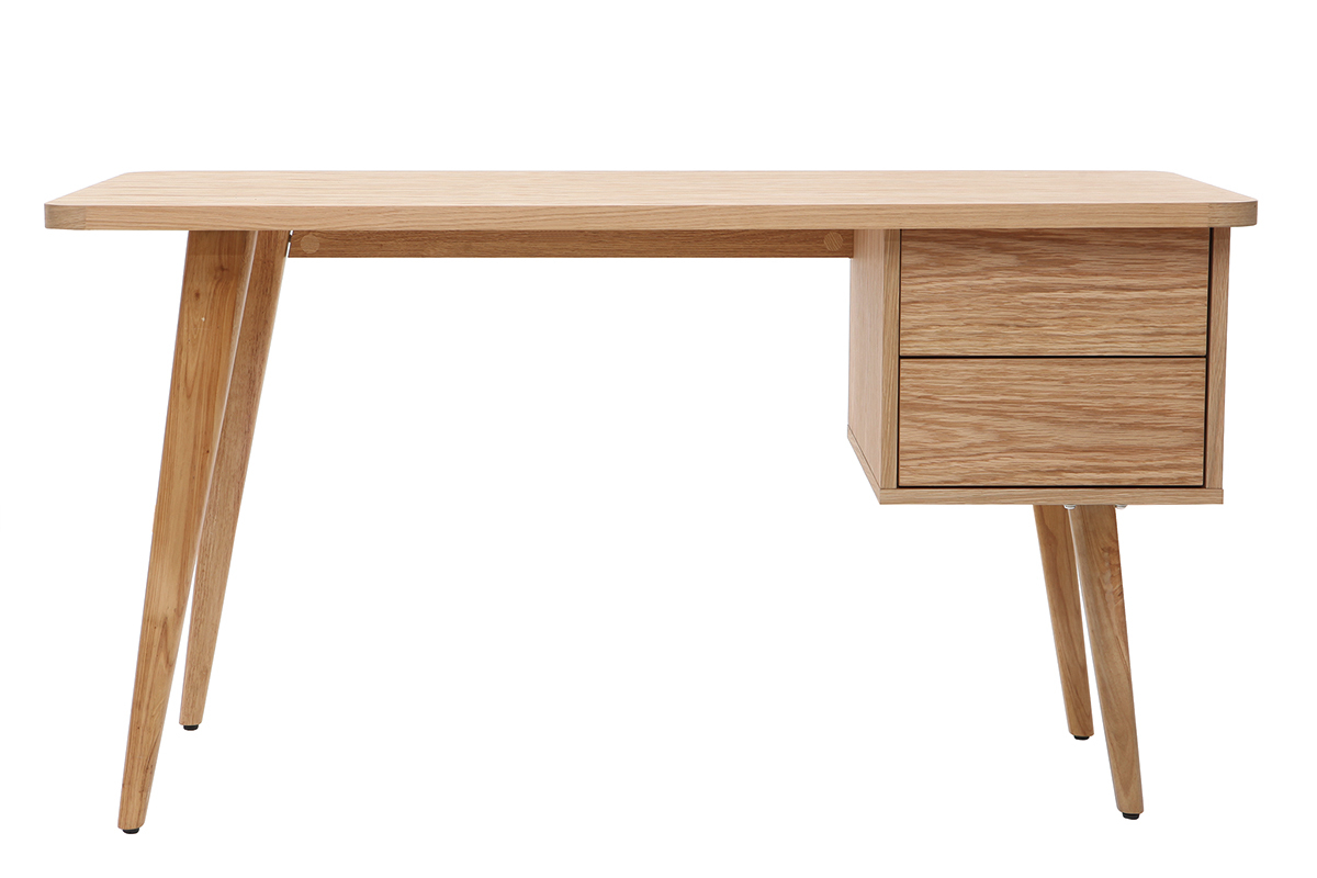 Bureau avec rangements 2 tiroirs scandinave bois clair ch�ne L140 cm FIFTIES