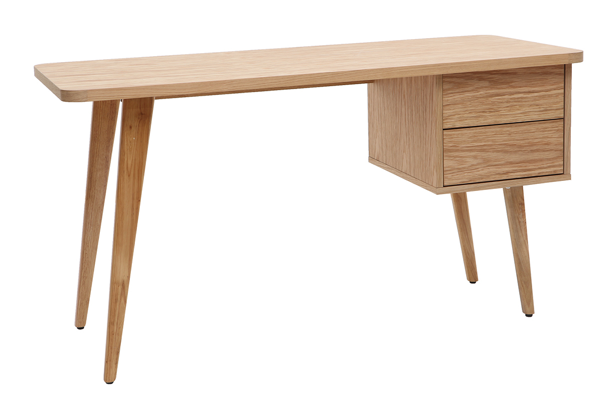 Bureau avec rangements 2 tiroirs scandinave bois clair ch�ne L140 cm FIFTIES