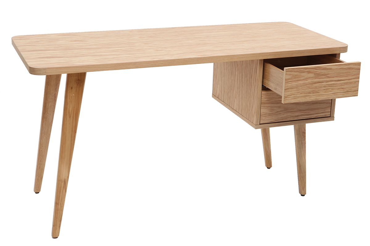 Bureau avec rangements 2 tiroirs scandinave bois clair ch�ne L140 cm FIFTIES