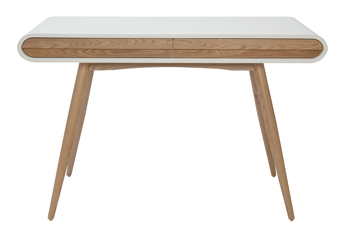 Bureau scandinave bois clair et blanc avec 2 tiroirs vu de face.
