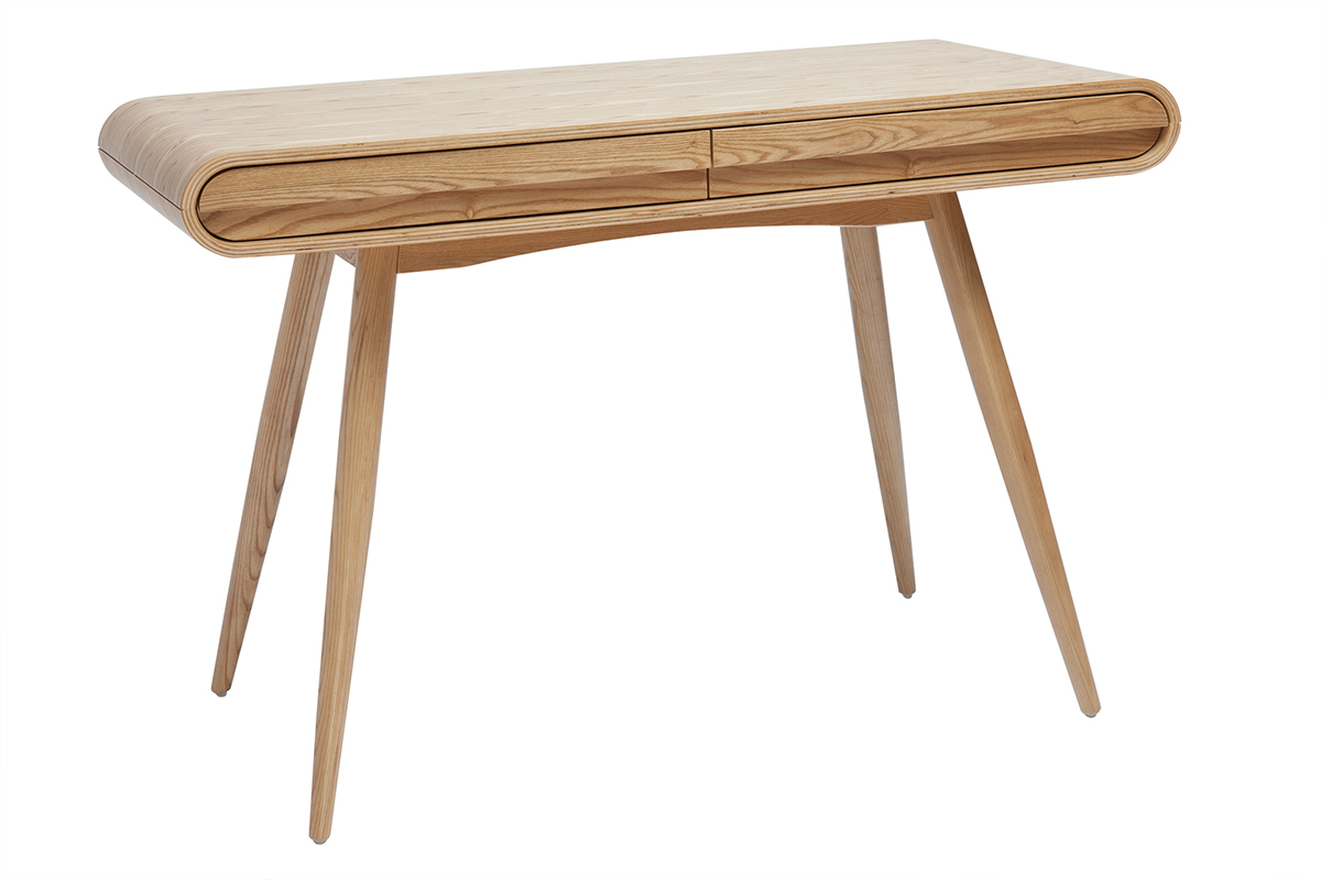 Bureau scandinave bois clair avec 2 tiroirs, vue de trois-quarts.