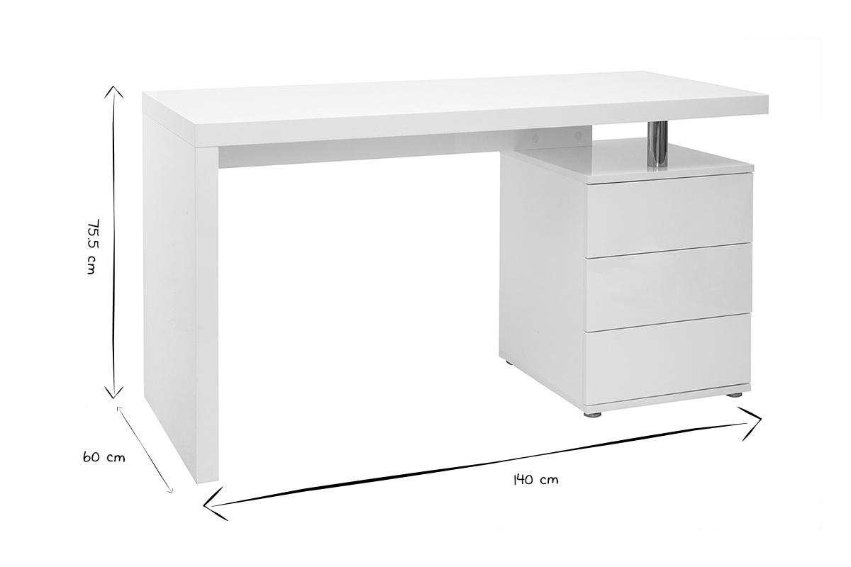 Bureau blanc laqu� L140 cm avec 3 tiroirs, dimensions indiqu�es, vue de c�t�, en noir et blanc.