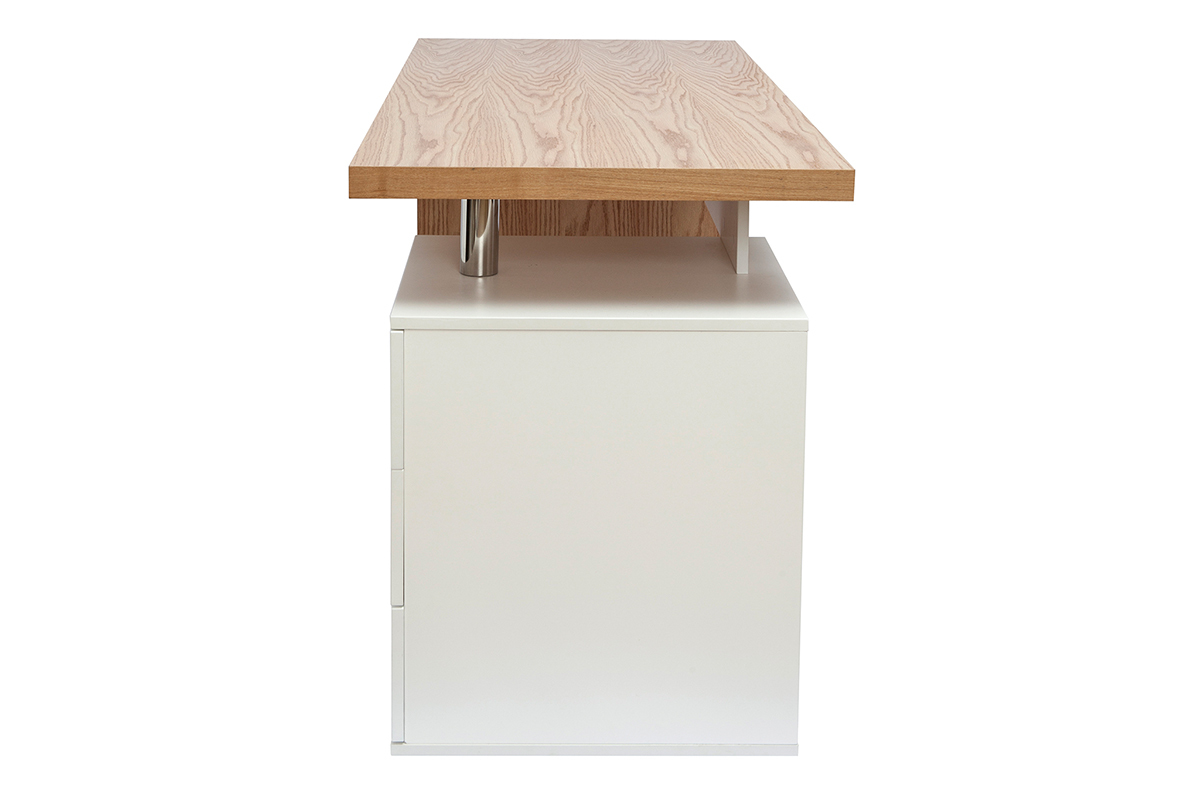 Bureau avec rangements 3 tiroirs vue lat�rale, bois clair et blanc, design moderne.