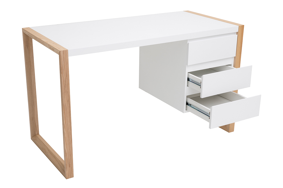 Bureau avec rangements 3 tiroirs scandinave blanc mat et bois clair fr�ne massif L130 cm ARMEL