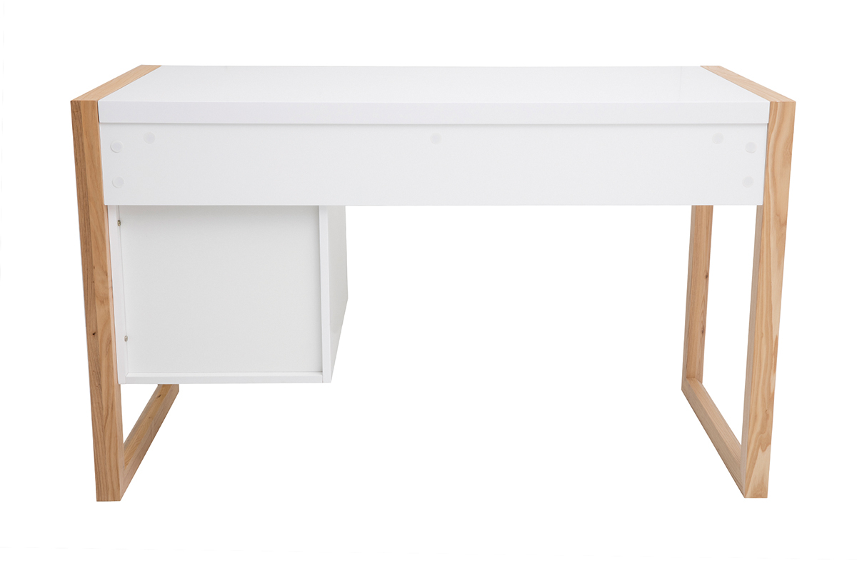 Bureau avec rangements 3 tiroirs scandinave blanc mat et bois clair fr�ne massif L130 cm ARMEL