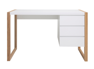Bureau avec rangements 3 tiroirs scandinave blanc mat et bois clair fr&ecirc;ne massif L130 cm ARMEL