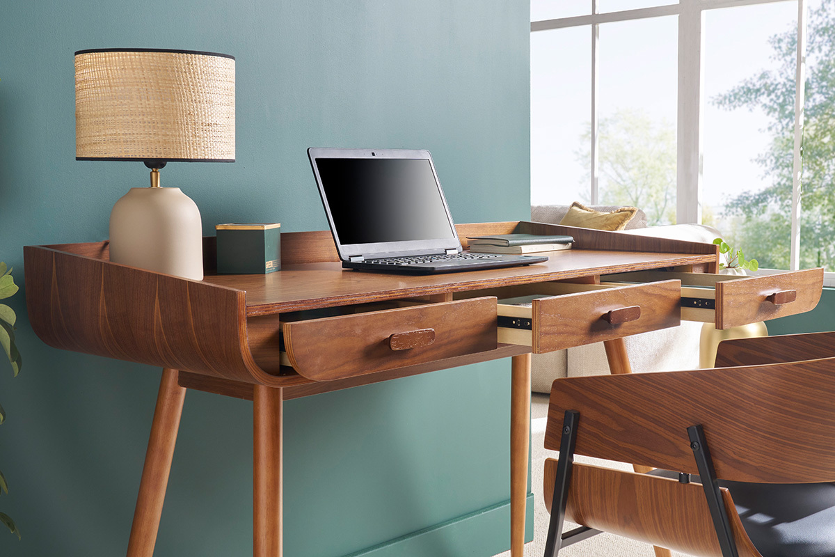Bureau avec rangements 3 tiroirs vintage bois fonc� noyer L132 cm HALLEN