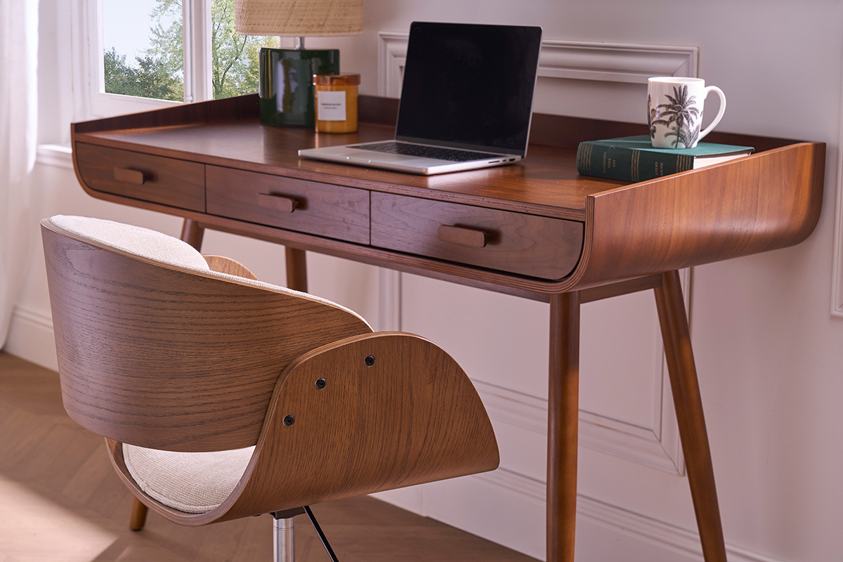Bureau avec rangements 3 tiroirs vintage bois fonc� noyer L132 cm HALLEN