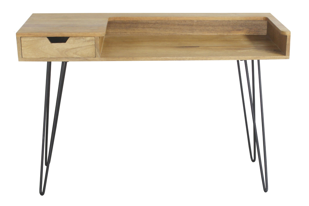 Bureau avec tiroir bois manguier massif et m�tal noir L116 cm VIBES