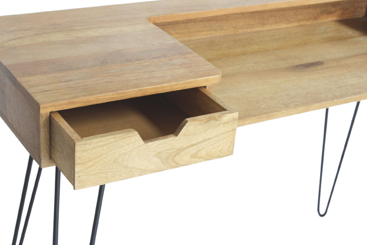 Bureau avec tiroir bois manguier massif et m�tal noir L116 cm VIBES