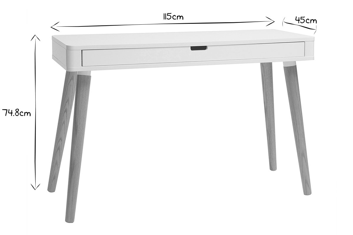 Bureau scandinave avec tiroir, dimensions en noir et blanc, L115 x P45 x H74.8 cm.