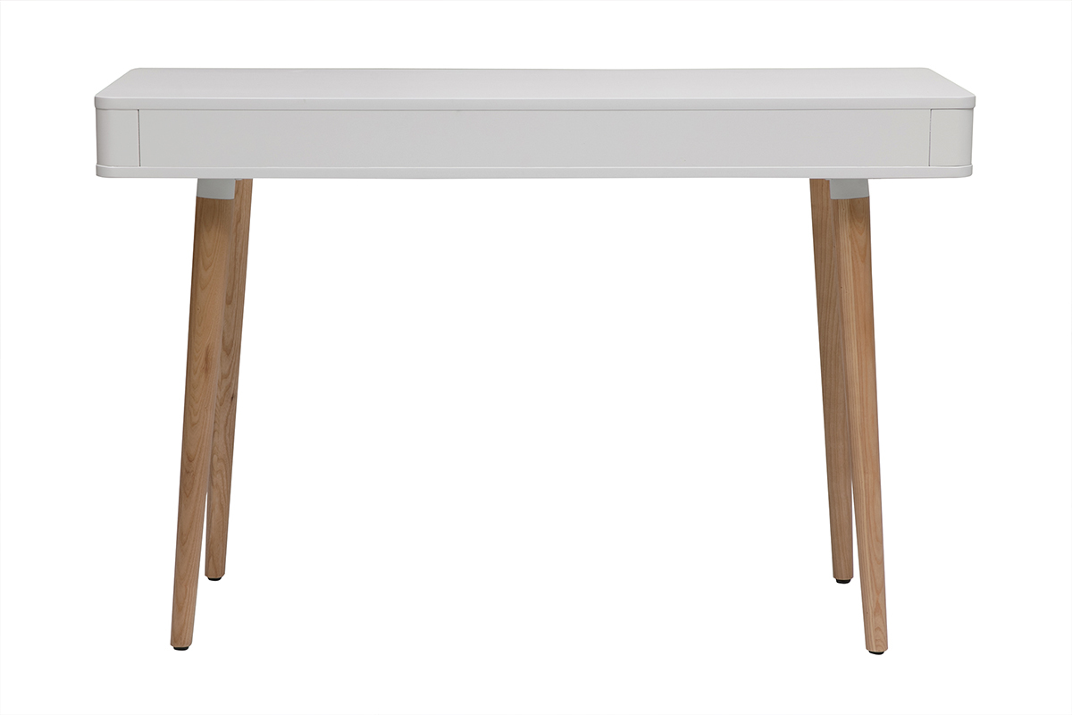 Bureau blanc scandinave avec tiroir, pieds en bois clair, vue de dos.