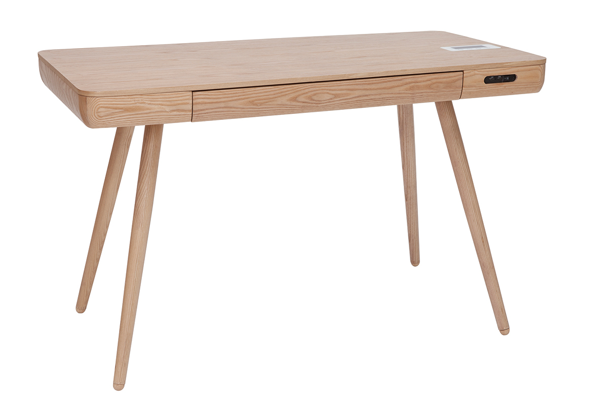 Bureau connect� multim�dia  avec tiroir bois clair massif L120 cm CLEVER