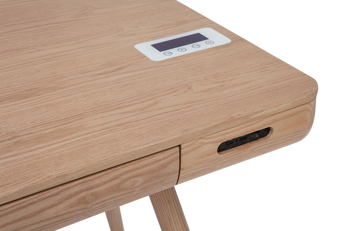 Bureau connect� multim�dia  avec tiroir bois clair massif L120 cm CLEVER