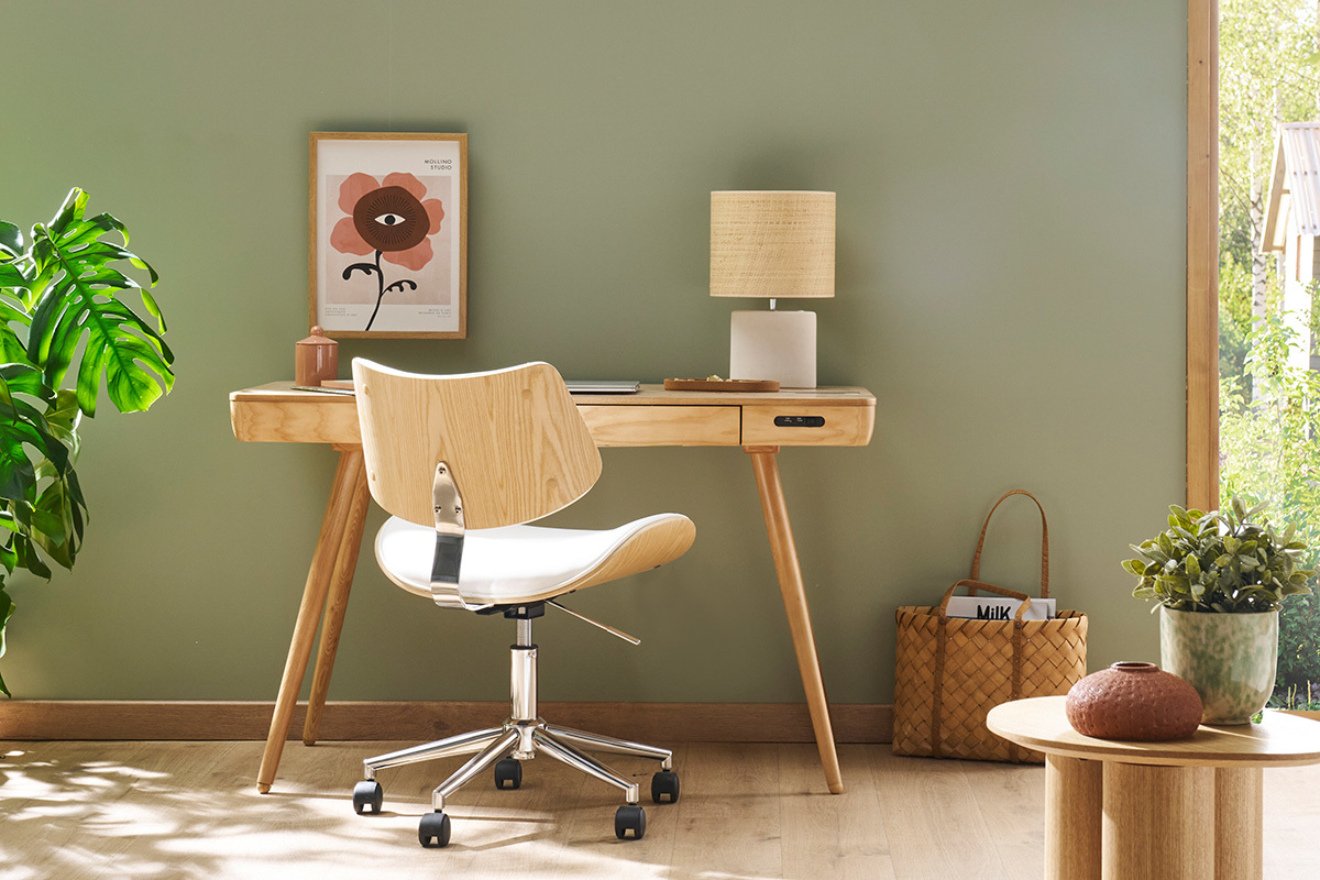 Bureau connect� multim�dia  avec tiroir bois clair massif L120 cm CLEVER