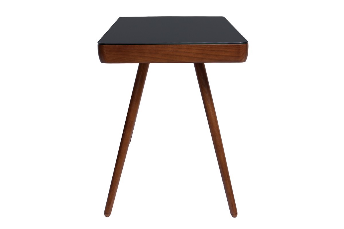 Bureau connect� multim�dia avec tiroir en verre noir et bois fonc� noyer L120 cm CLEVER
