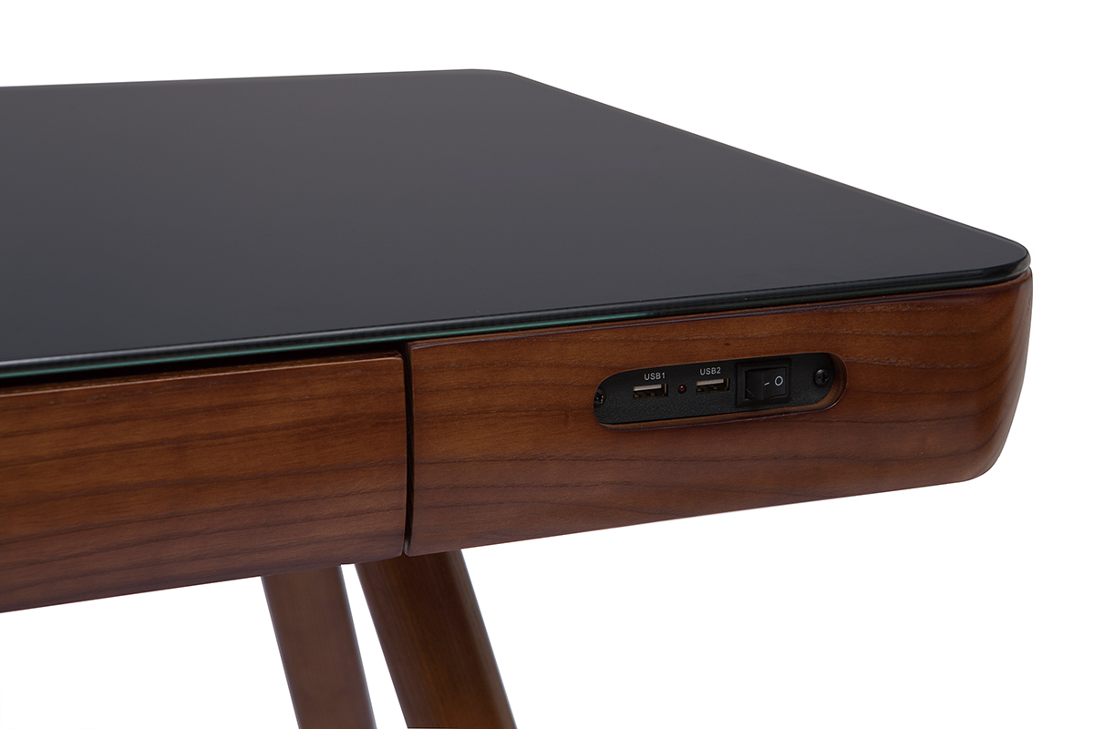 Bureau connect� multim�dia avec tiroir en verre noir et bois fonc� noyer L120 cm CLEVER