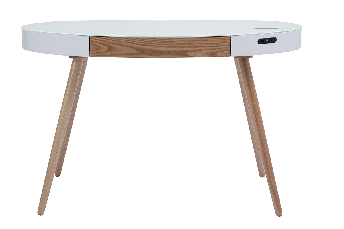 Bureau connect� multim�dia verre blanc et bois clair L120 cm HANDY