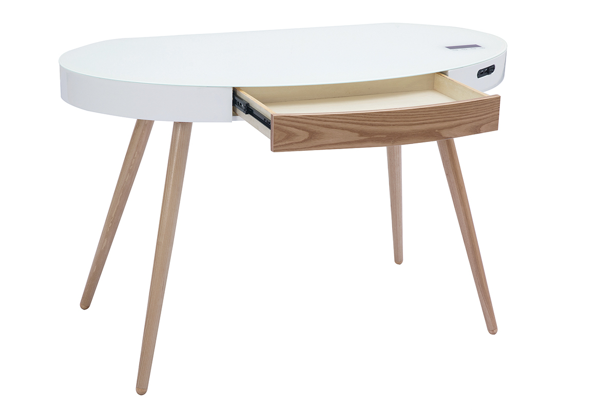 Bureau connect� multim�dia verre blanc et bois clair L120 cm HANDY
