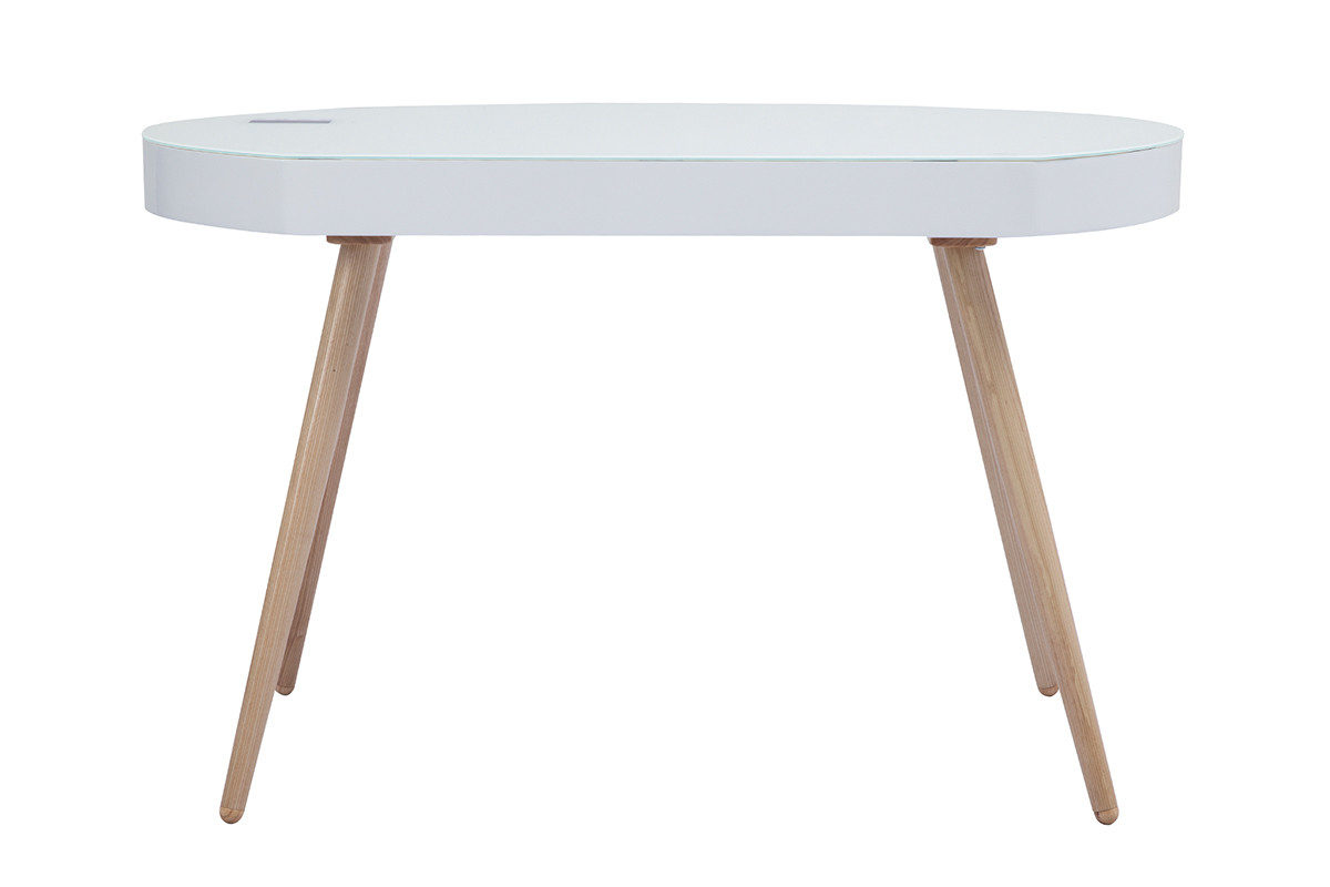 Bureau connect� multim�dia verre blanc et bois clair L120 cm HANDY