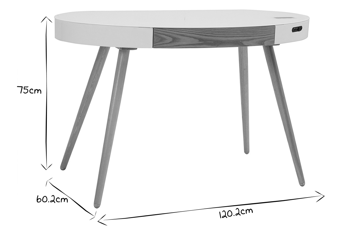 Bureau connect� multim�dia verre blanc et bois clair L120 cm HANDY
