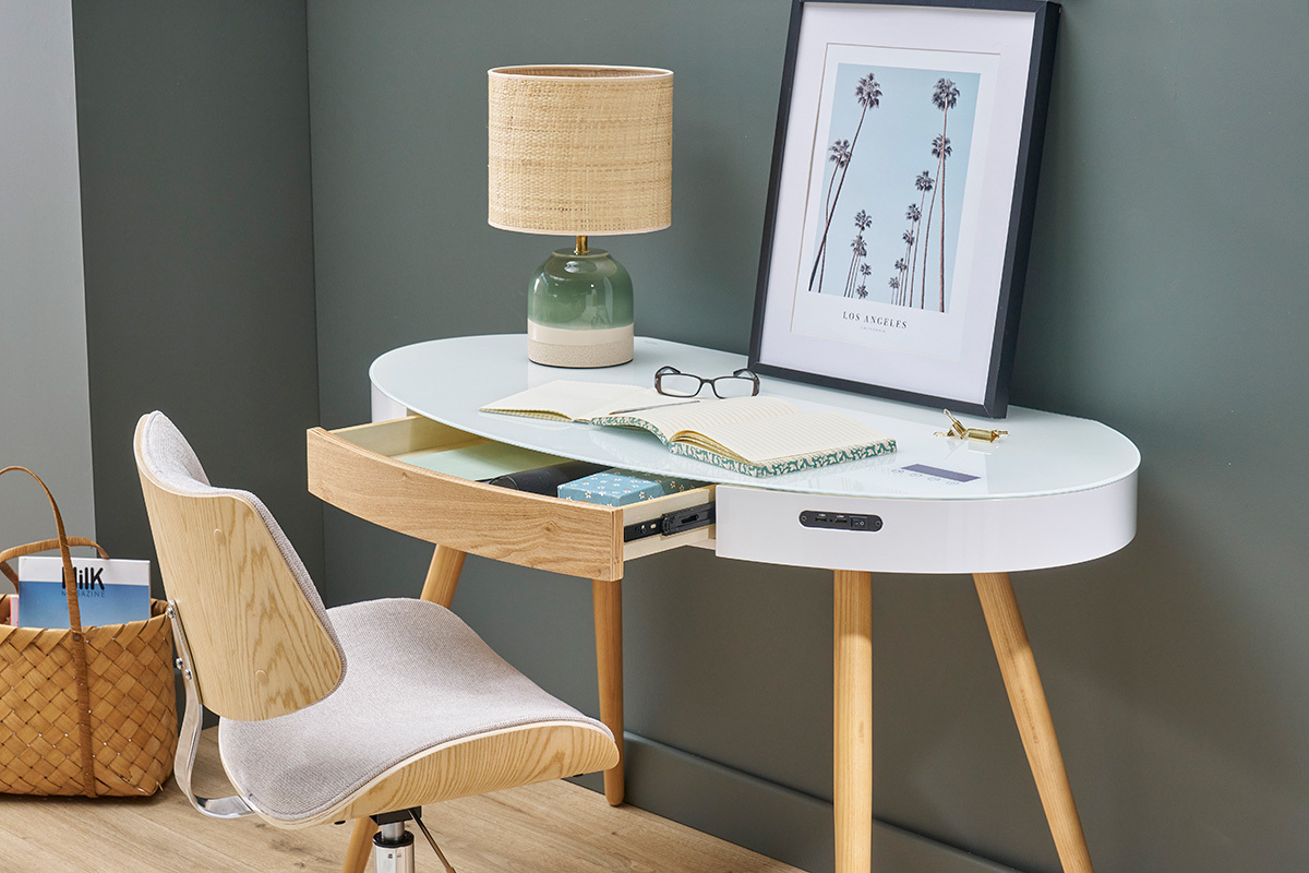 Bureau connect� multim�dia verre blanc et bois clair L120 cm HANDY