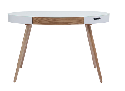 Bureau connect&eacute; multim&eacute;dia verre blanc et bois clair L120 cm HANDY