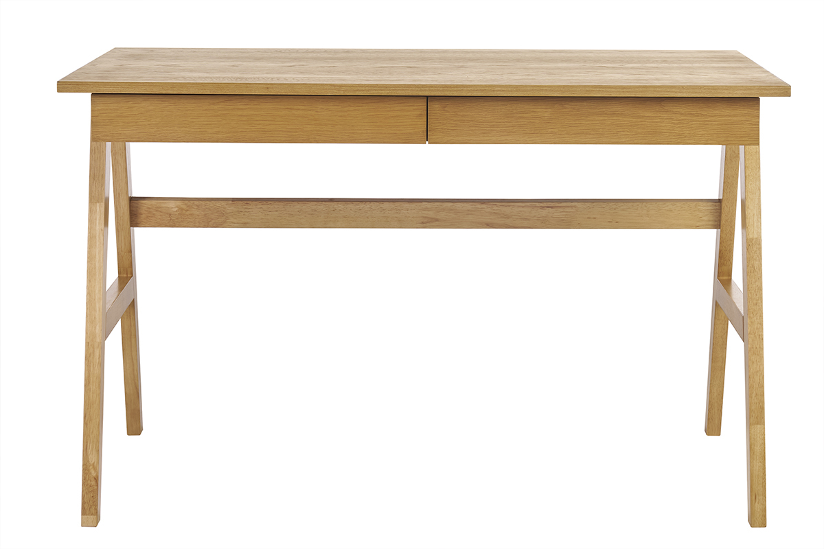 Bureau design bois clair h�v�a avec 2 tiroirs de rangement et pieds en tr�teaux, L120 cm BROOK.