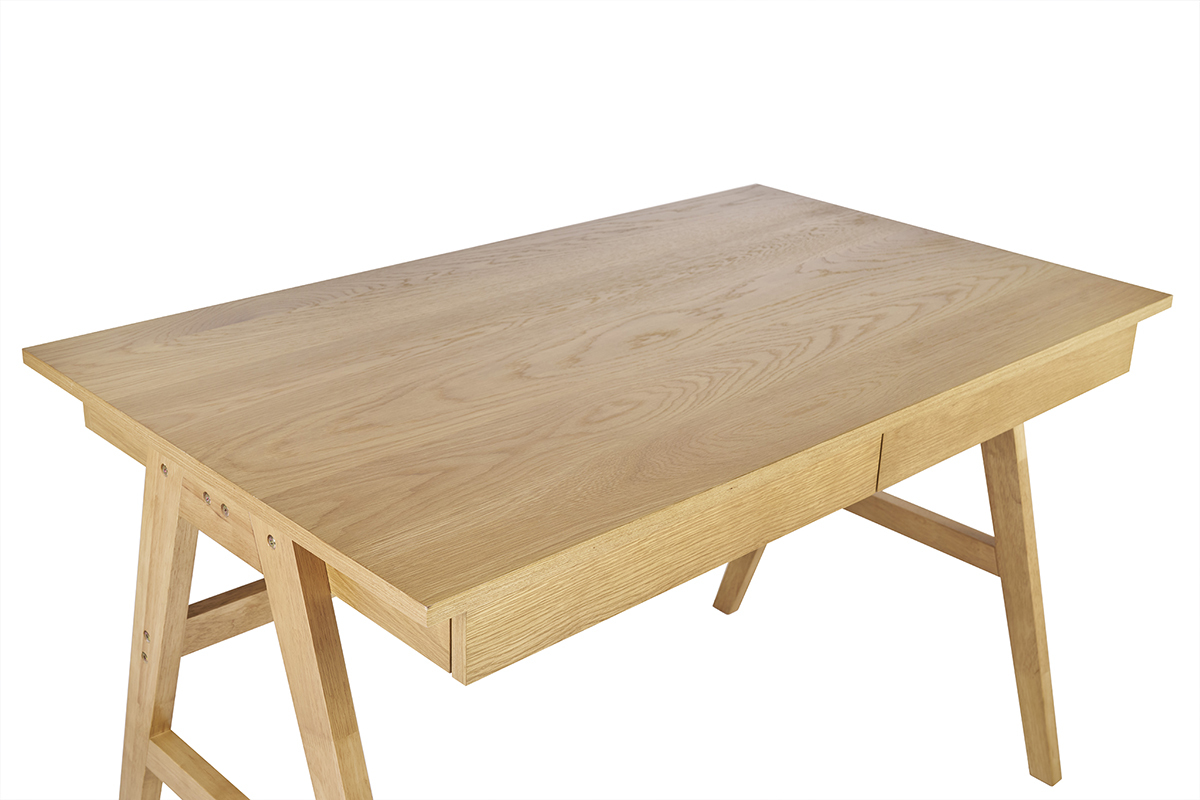 Bureau design en bois clair avec 2 tiroirs int�gr�s et pieds en tr�teaux