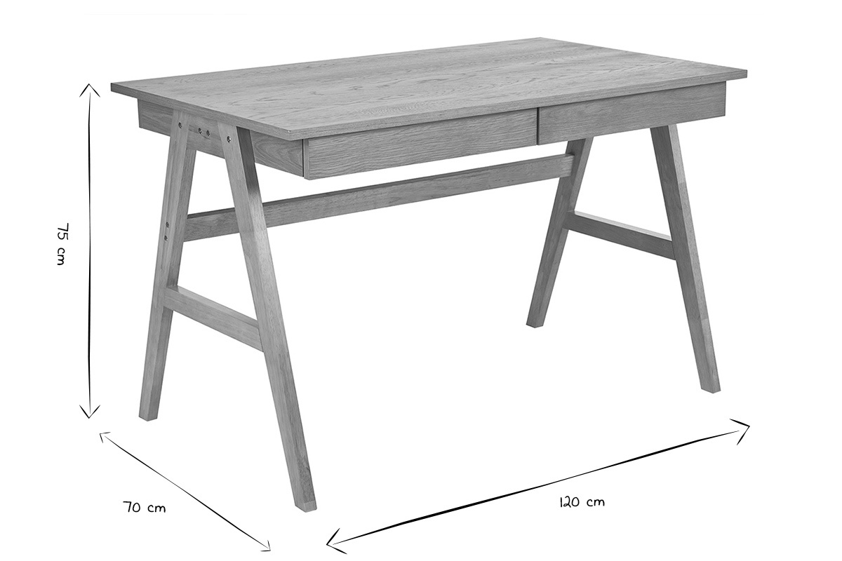 Bureau design en bois clair h�v�a avec dimensions L120 x P70 x H75 cm et 2 tiroirs de rangement int�gr�s.