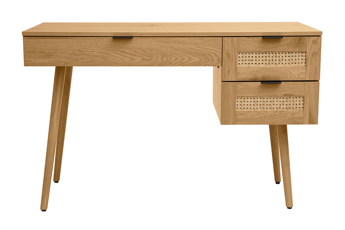 Bureau finition bois clair, cannage rotin et m�tal noir 3 tiroirs L120 cm MANILLE