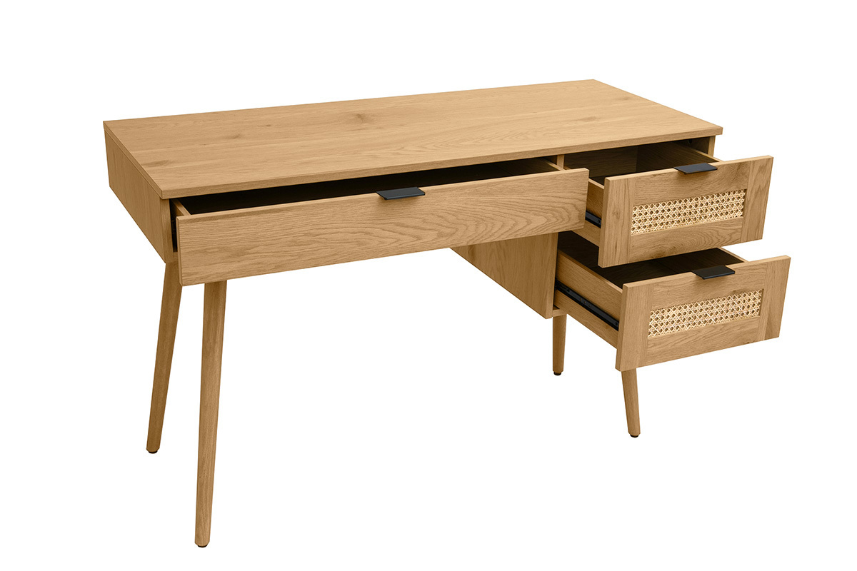 Bureau finition bois clair, cannage rotin et m�tal noir 3 tiroirs L120 cm MANILLE