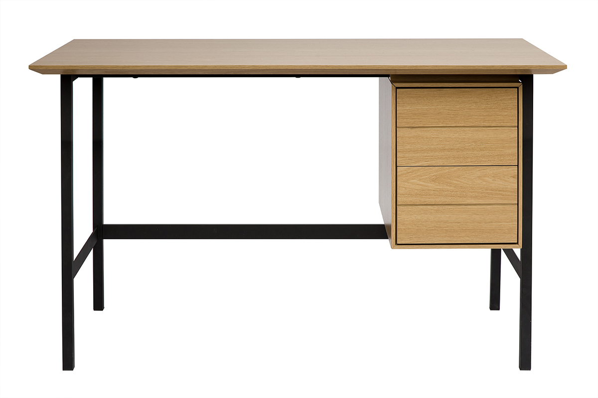 Bureau industriel finition bois ch�ne et m�tal noir avec rangements 2 tiroirs L120 cm MAXENCE