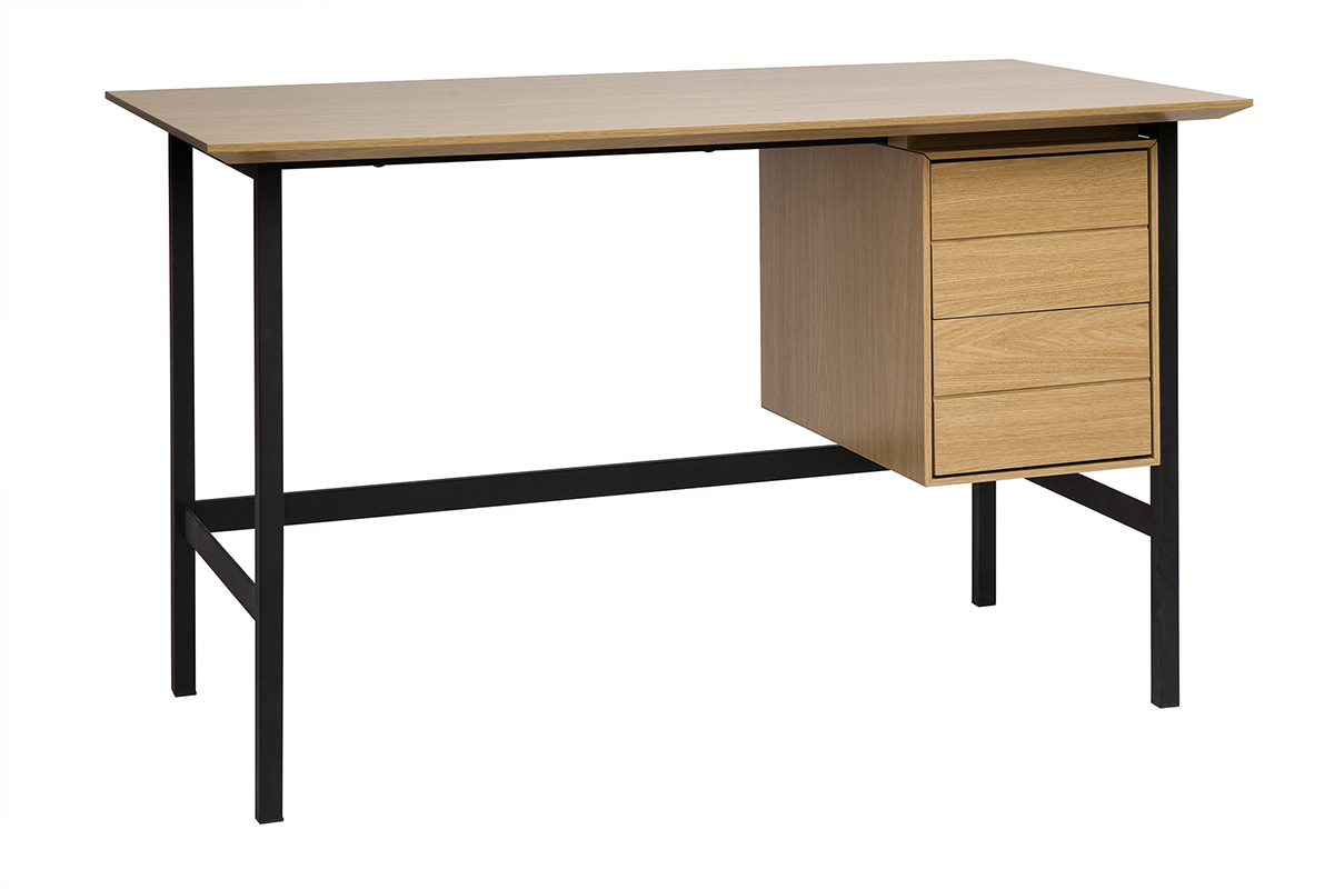 Bureau industriel finition bois ch�ne et m�tal noir avec rangements 2 tiroirs L120 cm MAXENCE