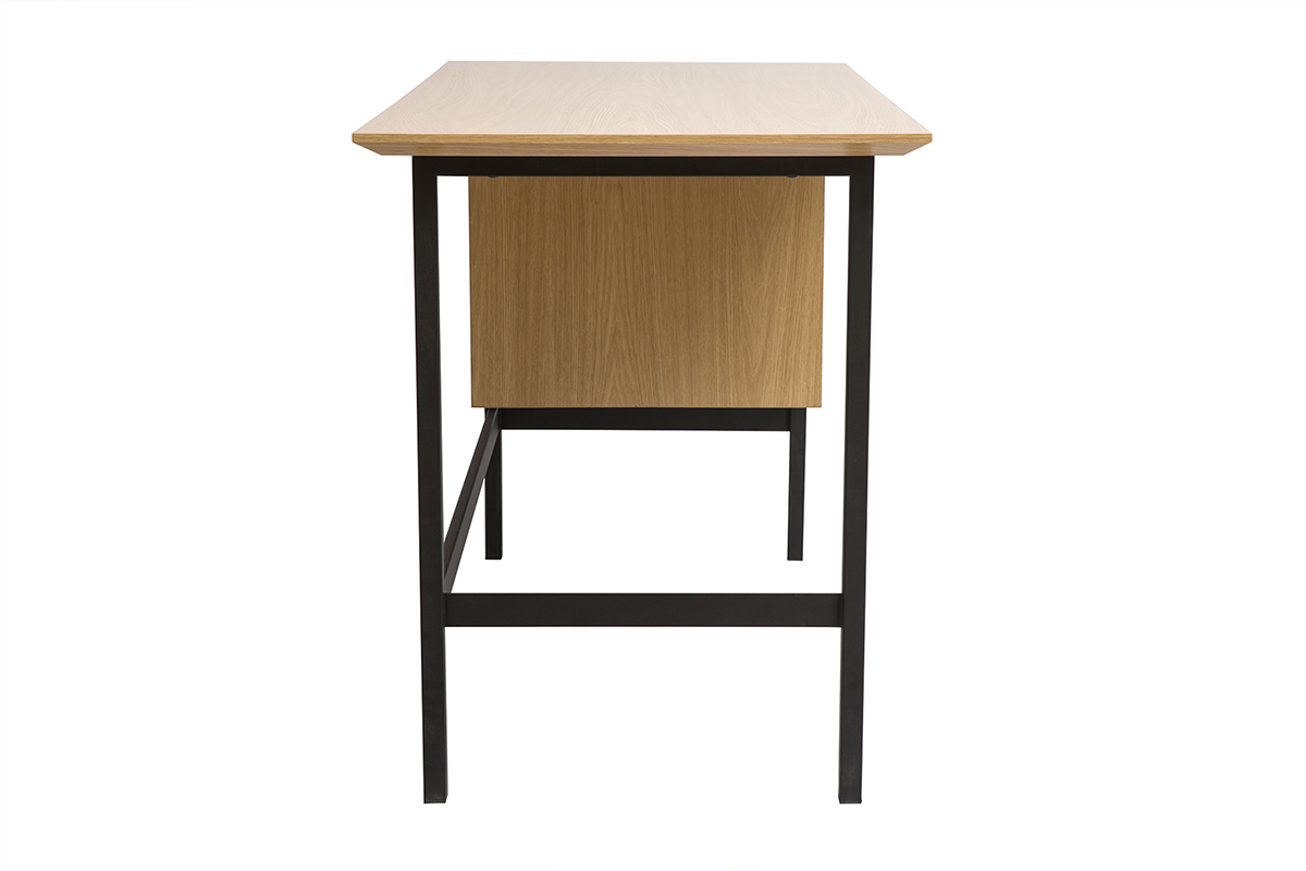Bureau industriel finition bois ch�ne et m�tal noir avec rangements 2 tiroirs L120 cm MAXENCE