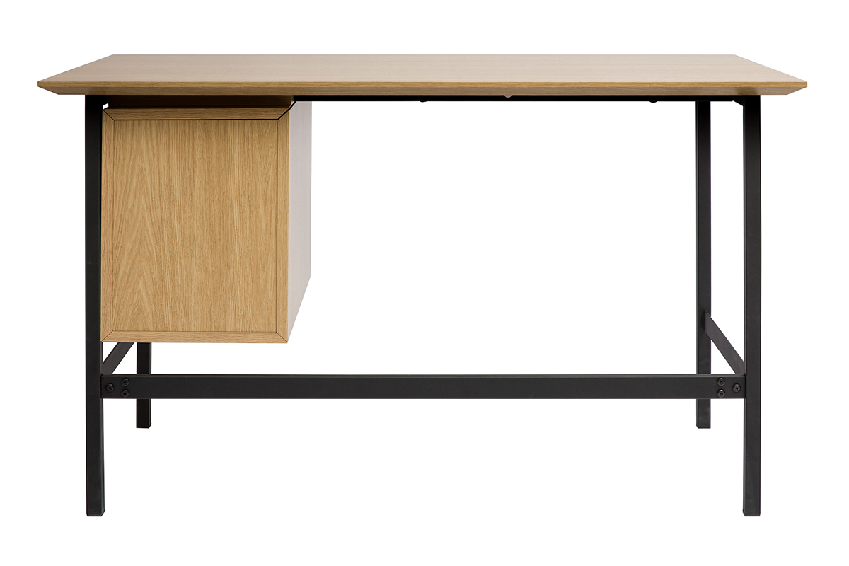 Bureau industriel finition bois ch�ne et m�tal noir avec rangements 2 tiroirs L120 cm MAXENCE