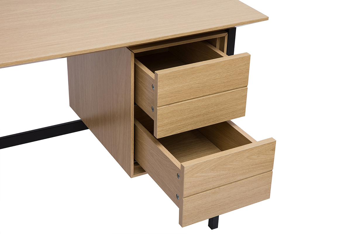 Bureau industriel finition bois ch�ne et m�tal noir avec rangements 2 tiroirs L120 cm MAXENCE