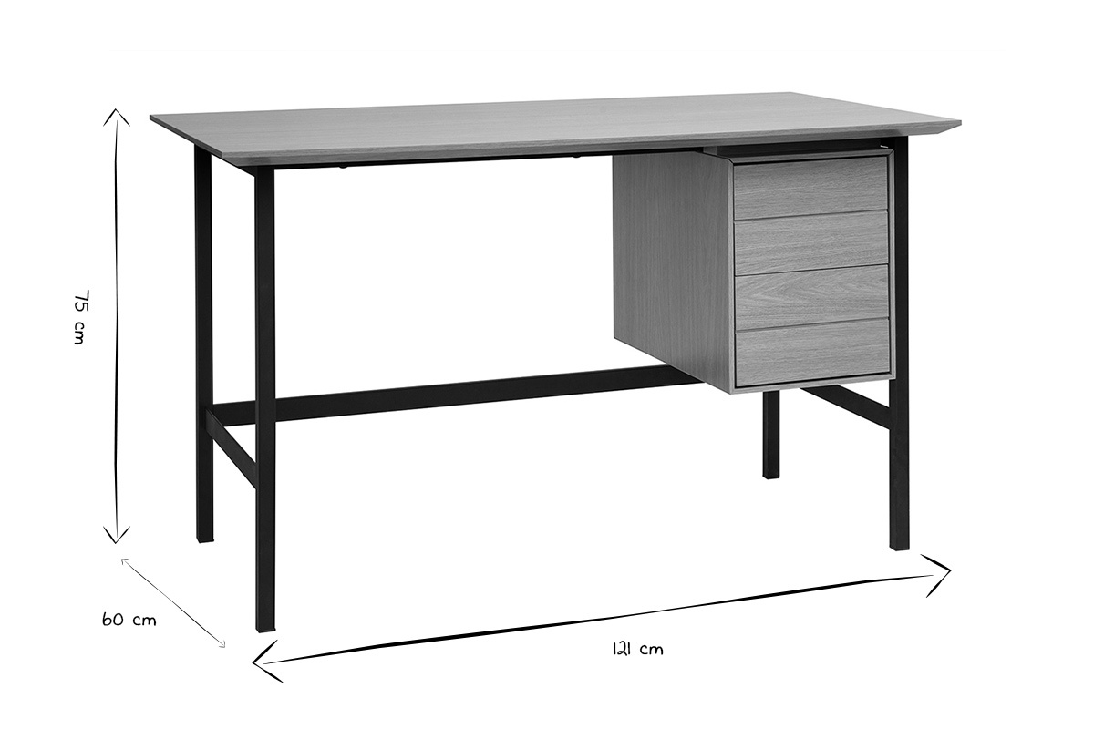 Bureau industriel finition bois ch�ne et m�tal noir avec rangements 2 tiroirs L120 cm MAXENCE