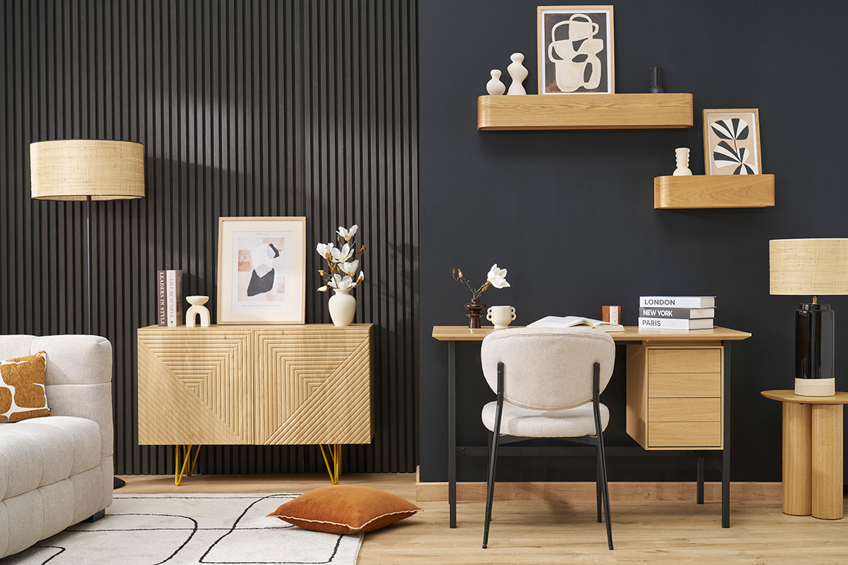 Bureau industriel finition bois ch�ne et m�tal noir avec rangements 2 tiroirs L120 cm MAXENCE